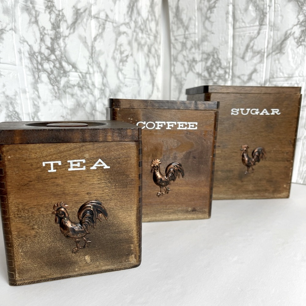 Tilso Japan vintage lidded nesting canisters roosters